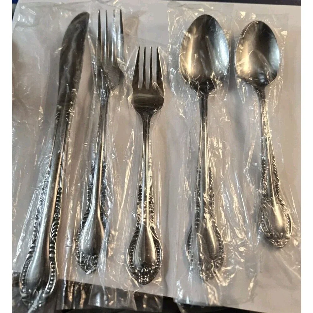Vintage Stainless Flatware Spoon Knife Fork Columbia Japan Beaded Edge Set of 20